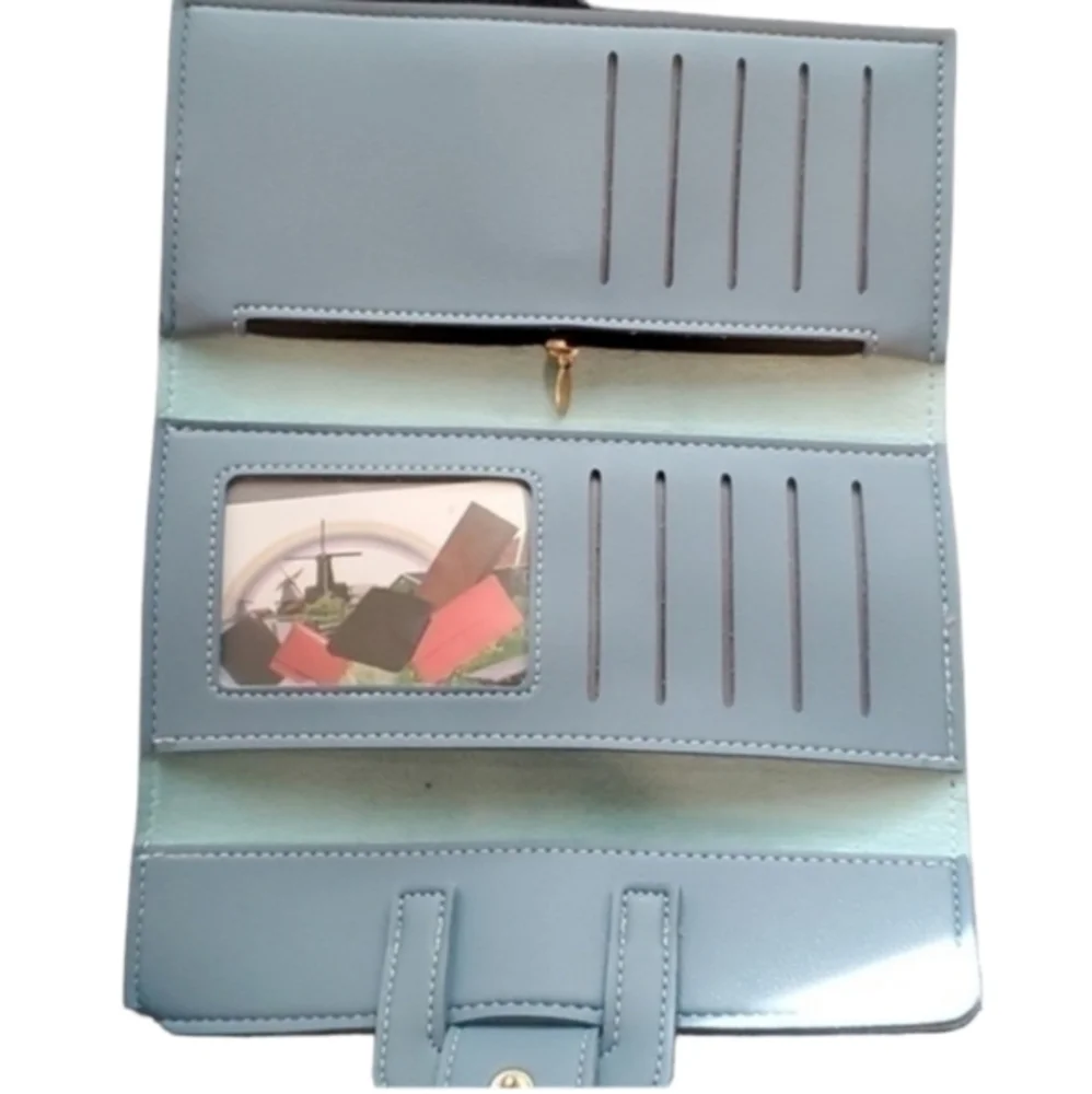 Women's Light Blue Faux‎ Leather Long Leather Wallet Clutch
